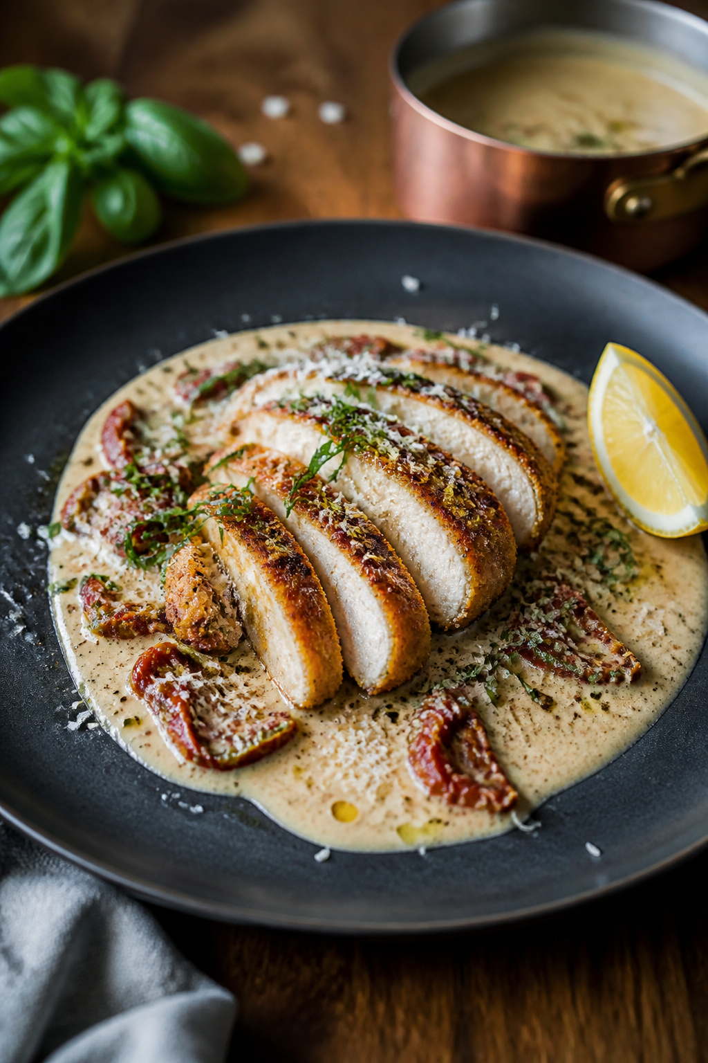 Final dish, restaurant-quality: Single-serve presentation of a sliced chicken cutlet fanned over cre