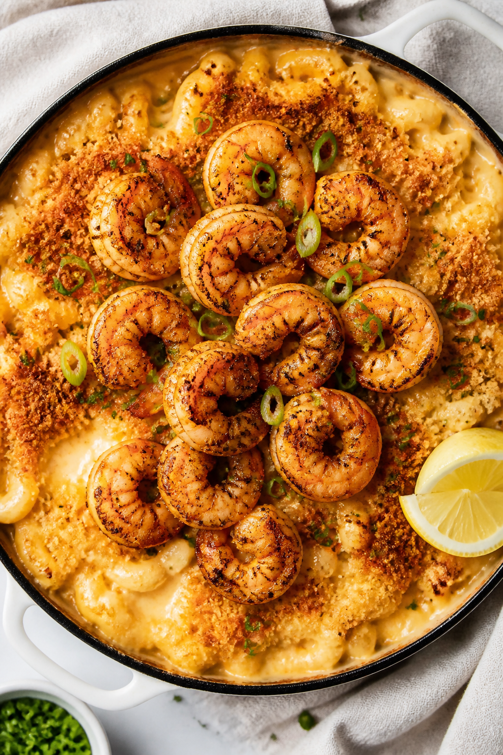 Final dish, tasty top view: Overhead shot of Cajun Shrimp Protein Mac & Cheese in a shallow broiler-