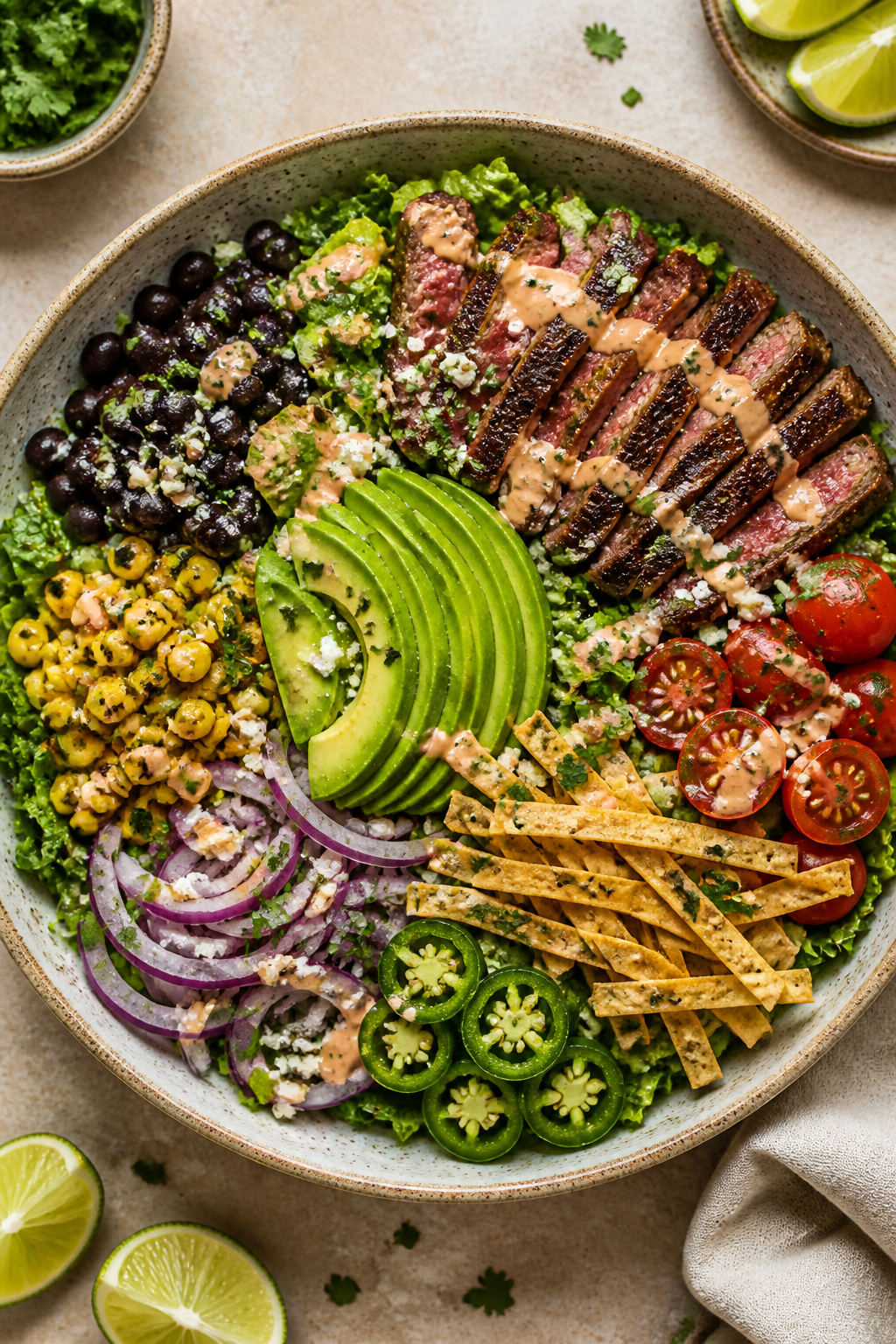 Final dish, tasty top view: Southwest Steak Salad Bowl assembled in a wide, shallow ceramic bowl—b