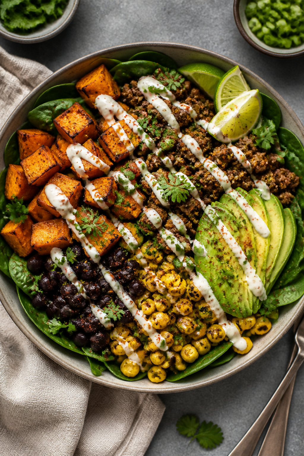 Final dish top view: Ground Beef Sweet Potato Bowls fully assembled over a bed of baby spinach—roa