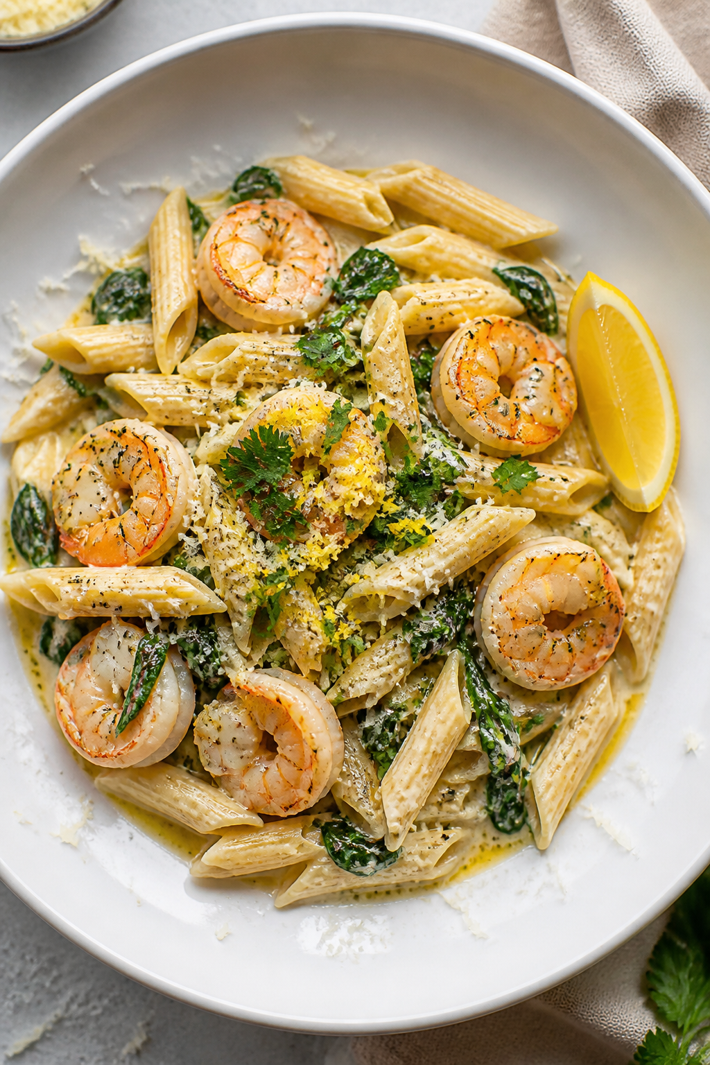 Final dish top view: Overhead shot of High Protein Shrimp & Spinach Pasta beautifully plated in a wi
