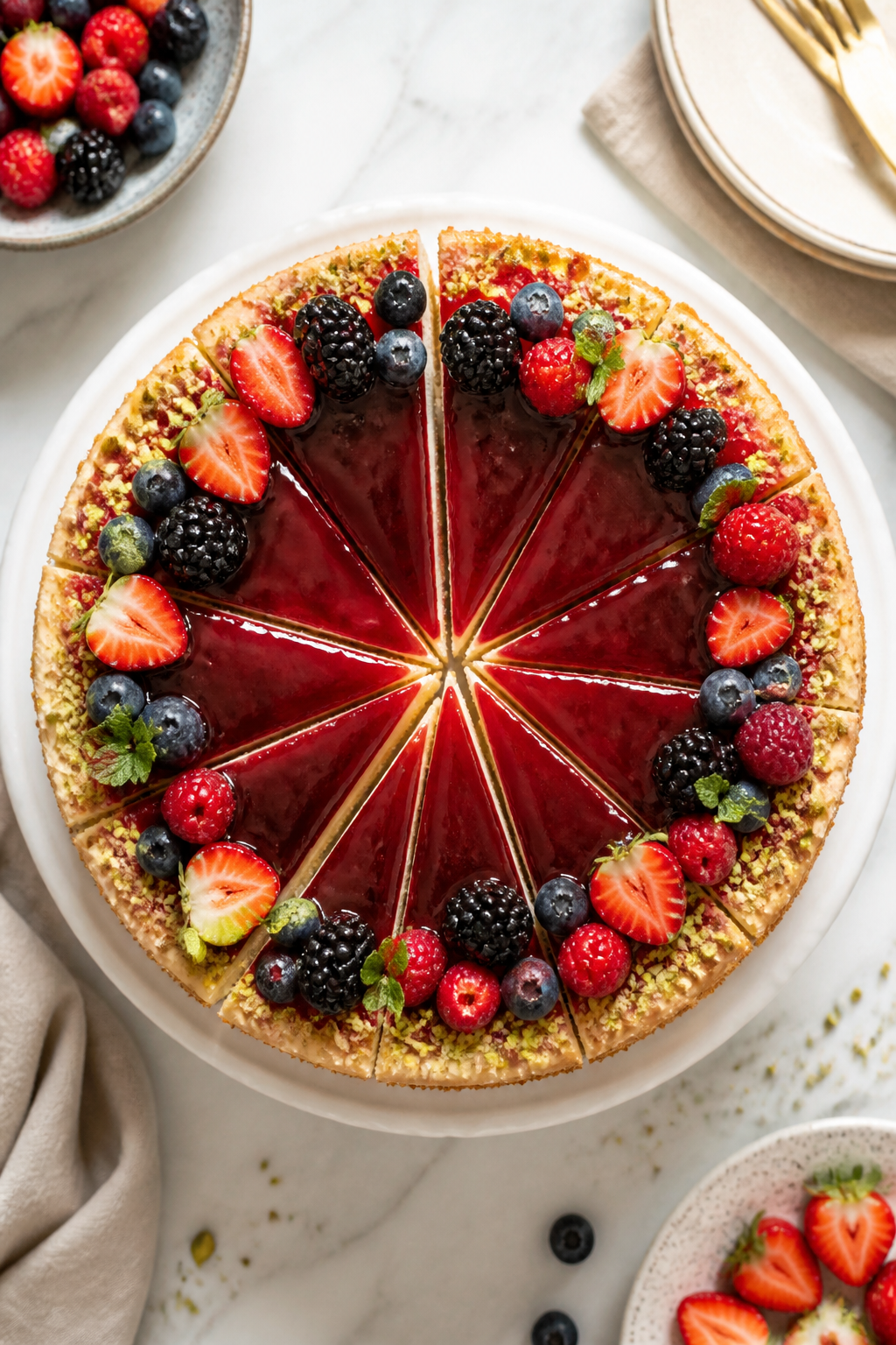 Final dish, top view: Tasty top-down image of the fully set cheesecake on a cake stand, cleanly rele