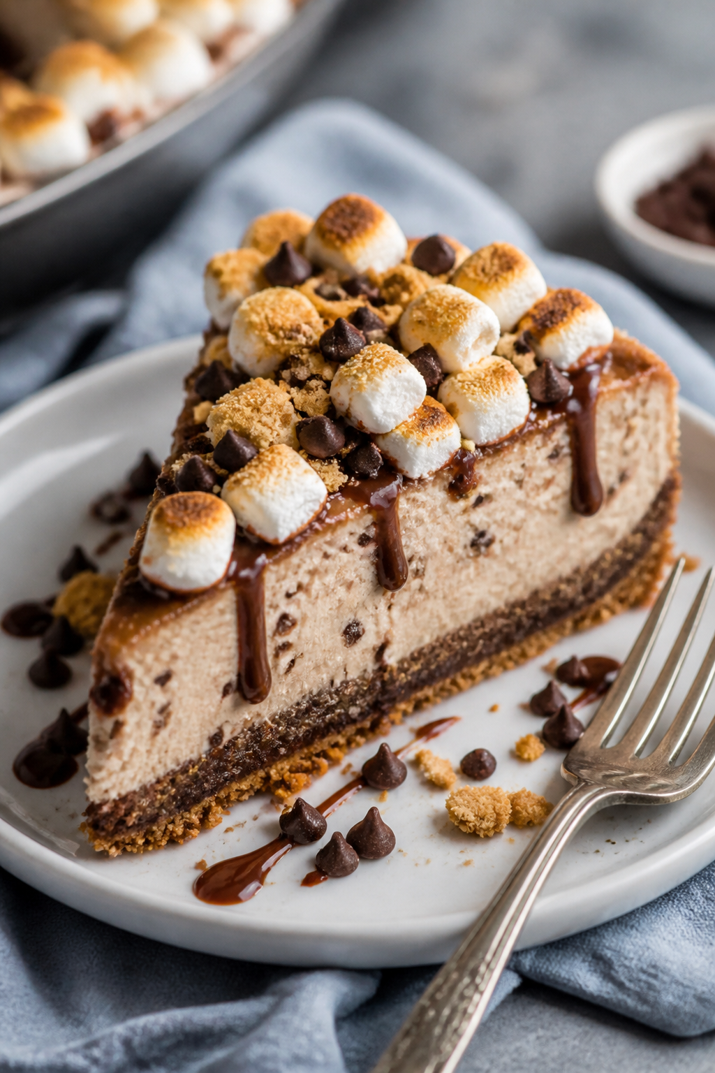 Final plated beauty: A pristine slice of High Protein S’mores Cheesecake on a matte white dessert 