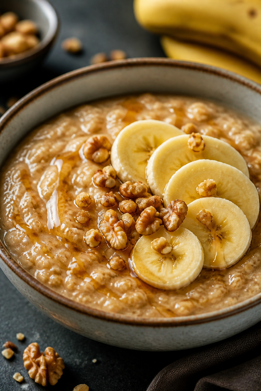 Final plated beauty: Close-up hero shot of the finished Peanut Butter Banana Protein Oatmeal in a sh