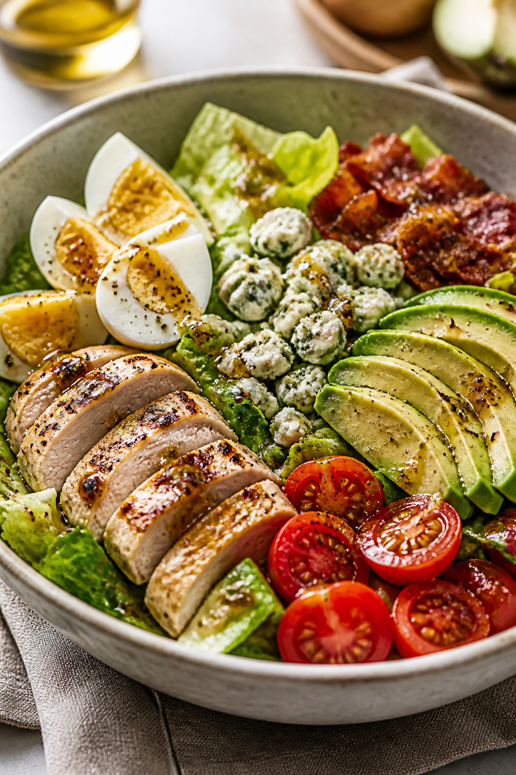 Final plated beauty: Close-up of a single-serve bowl of Protein Packed Cobb Salad post-drizzle, the 