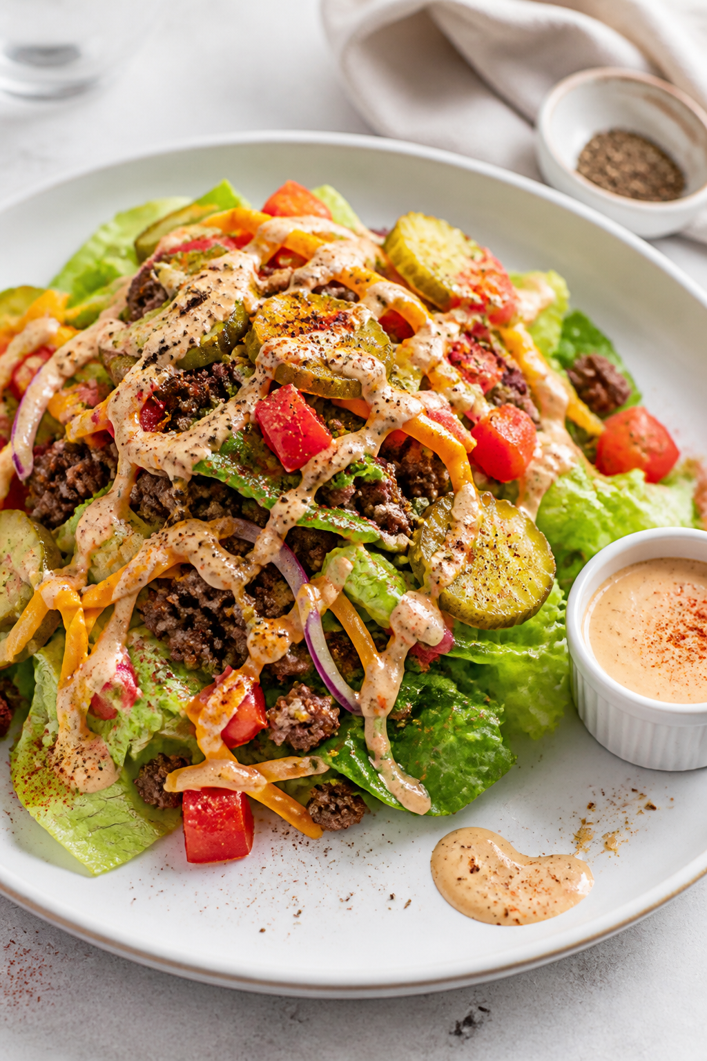 Final plated beauty: Restaurant-quality presentation of the high protein cheeseburger salad on a wid