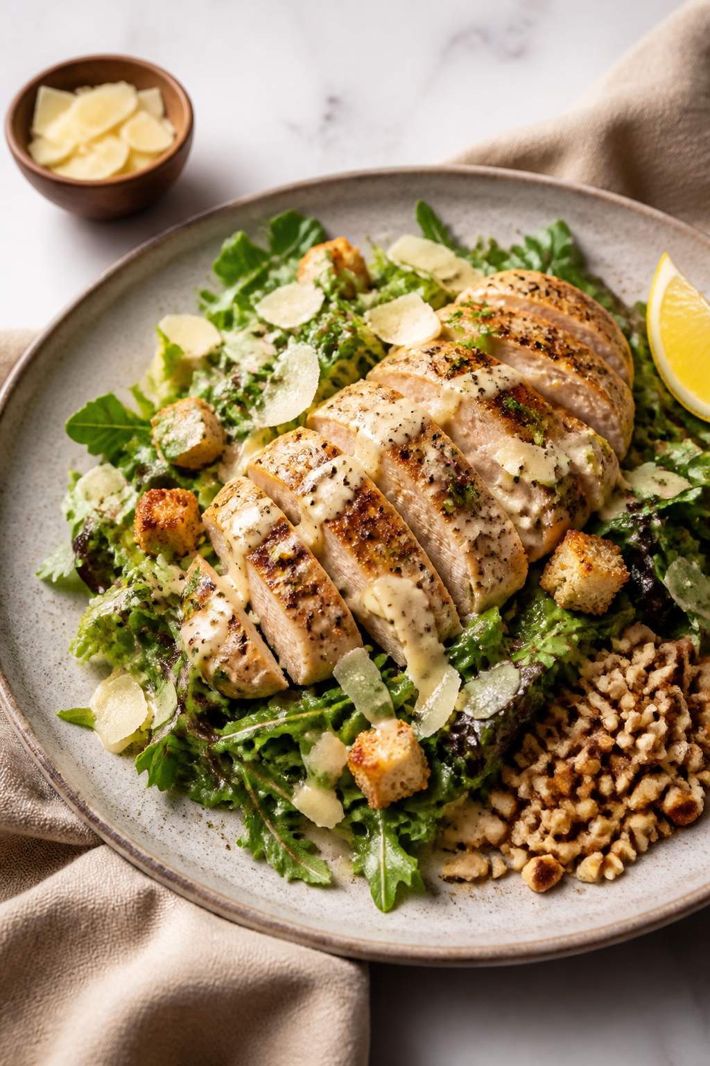 Final plated beauty: Restaurant-quality presentation of Garlic Parmesan Chicken Salad on a matte sto