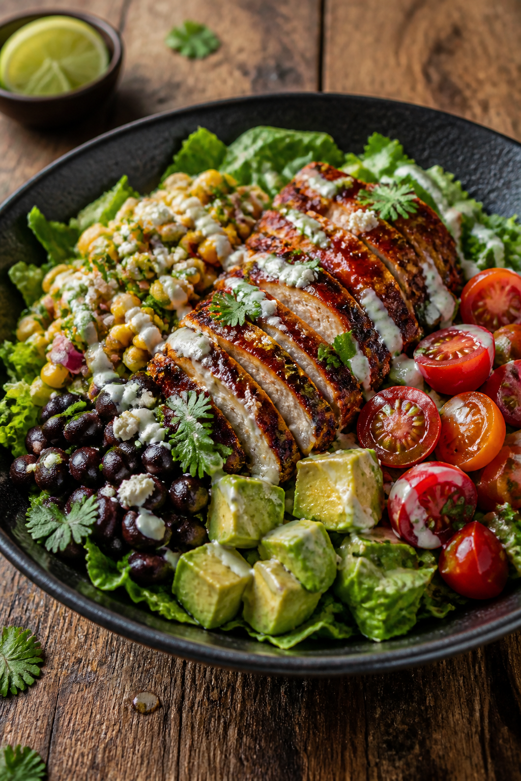 Final plated beauty: Restaurant-quality presentation of a Greens-based BBQ Ranch Chicken Bowl—chop