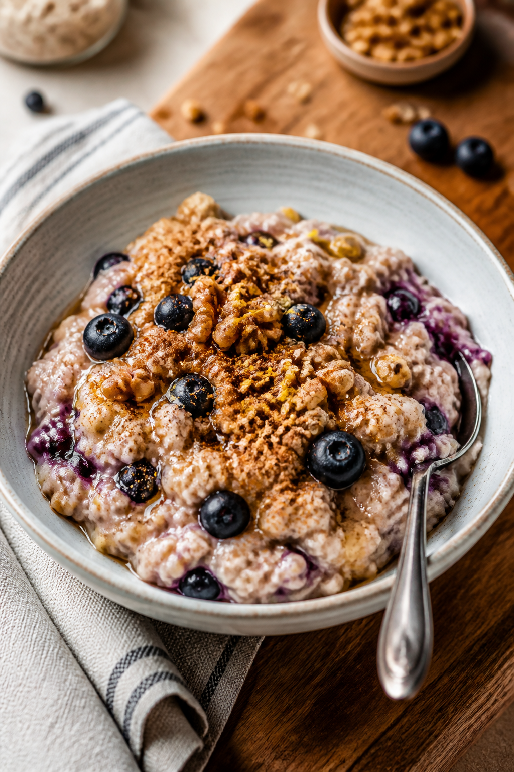 Final plated beauty: Restaurant-quality presentation of Blueberry Muffin Protein Oatmeal in a wide,