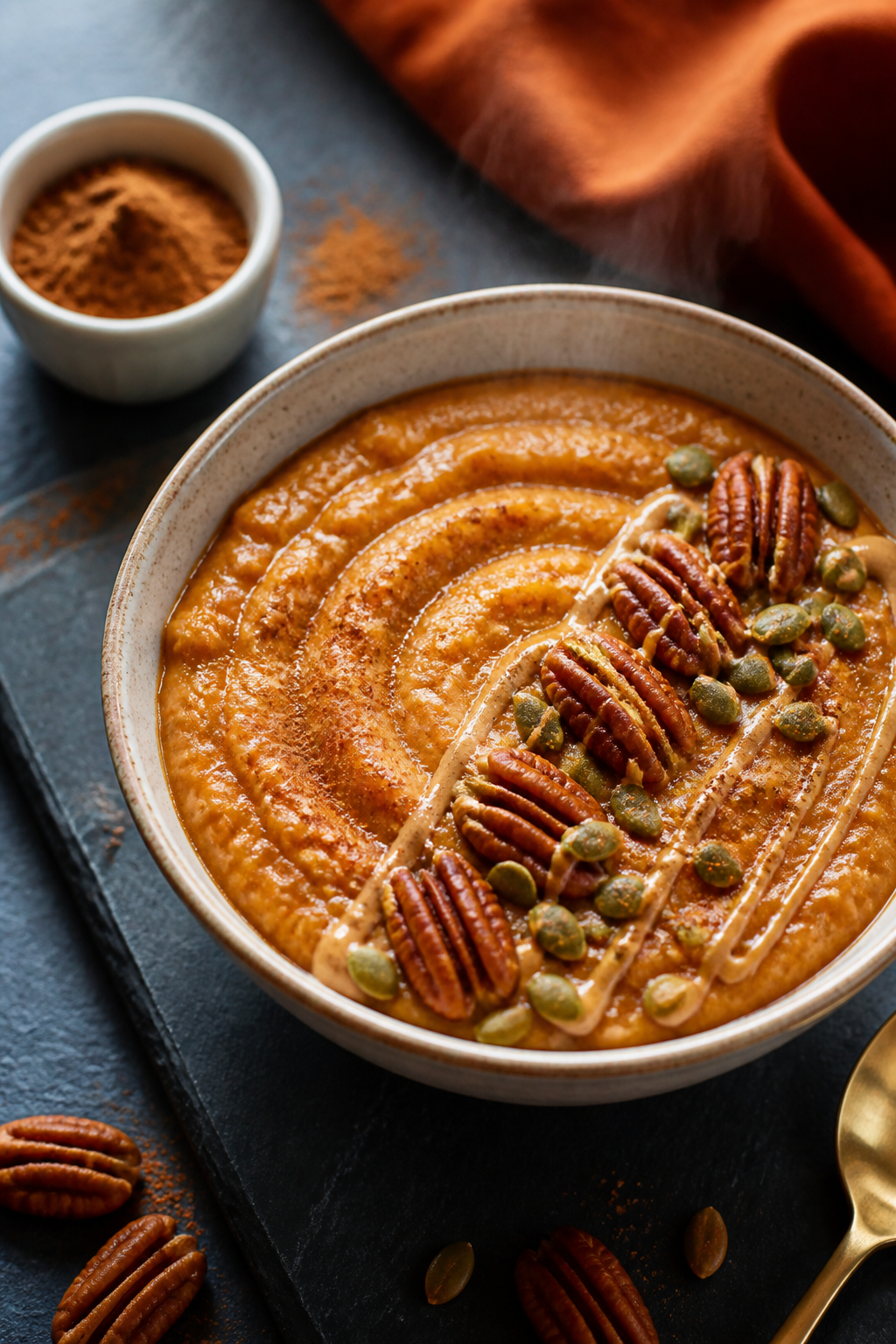 Final plated beauty: Restaurant-quality presentation of Pumpkin Spice Protein Oatmeal in a shallow c