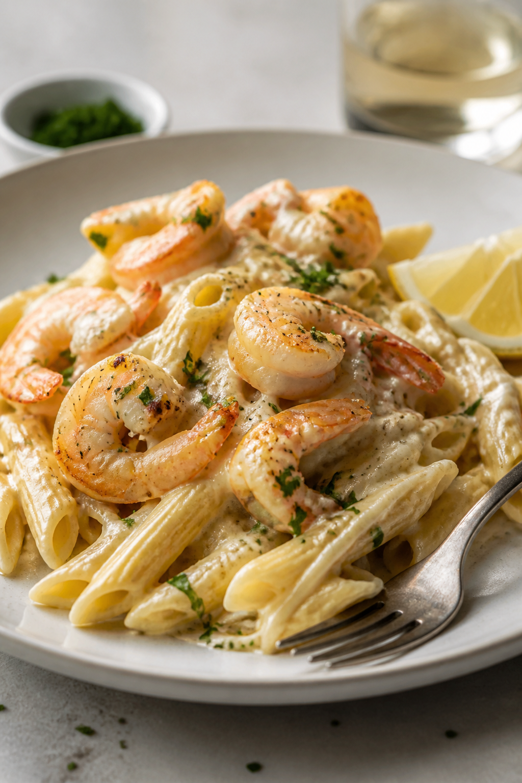 Final plated beauty shot: a generous scoop of High Protein Shrimp Alfredo Bake twirled with high-pro