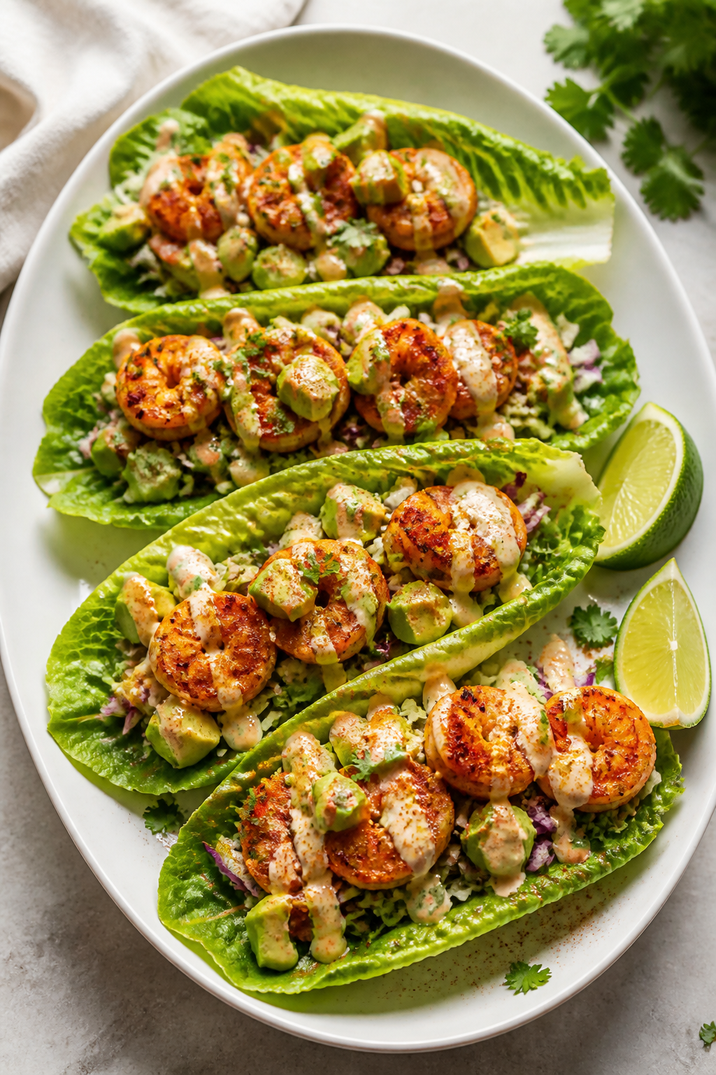 Final plated beauty shot: High Protein Shrimp Taco Lettuce Wraps assembled on a matte white oval pla