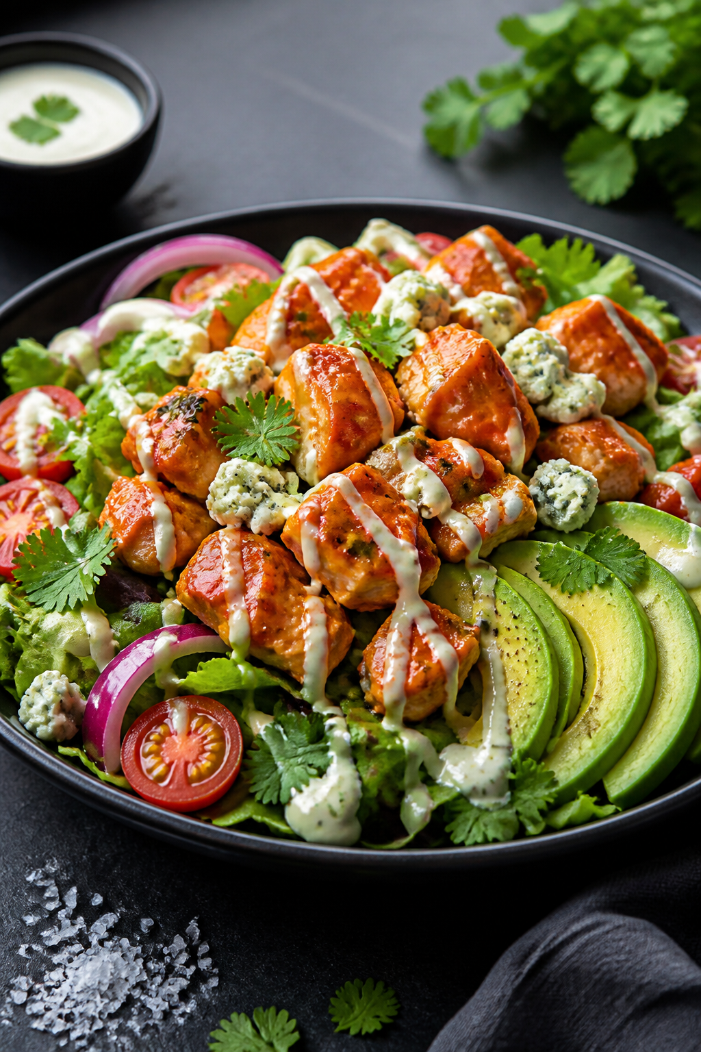 Final plated beauty shot, medium angle: Restaurant-quality presentation of the assembled bowl on a m