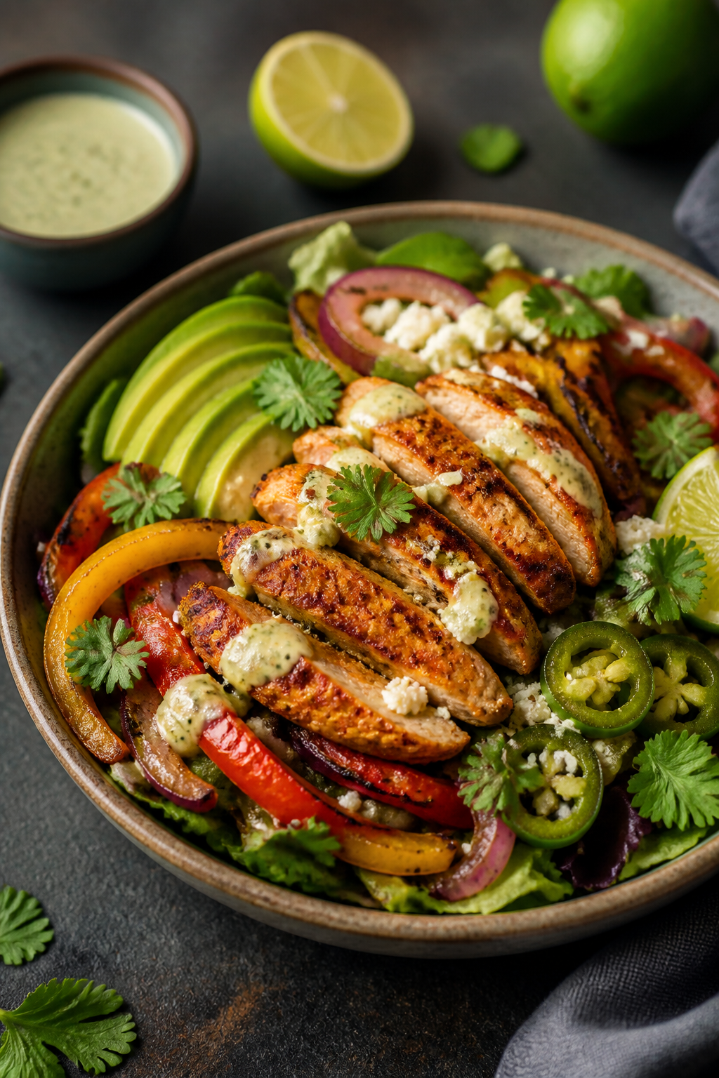 Final plated beauty shot: Restaurant-quality Chicken Fajita Salad Bowl styled in a wide, shallow cer