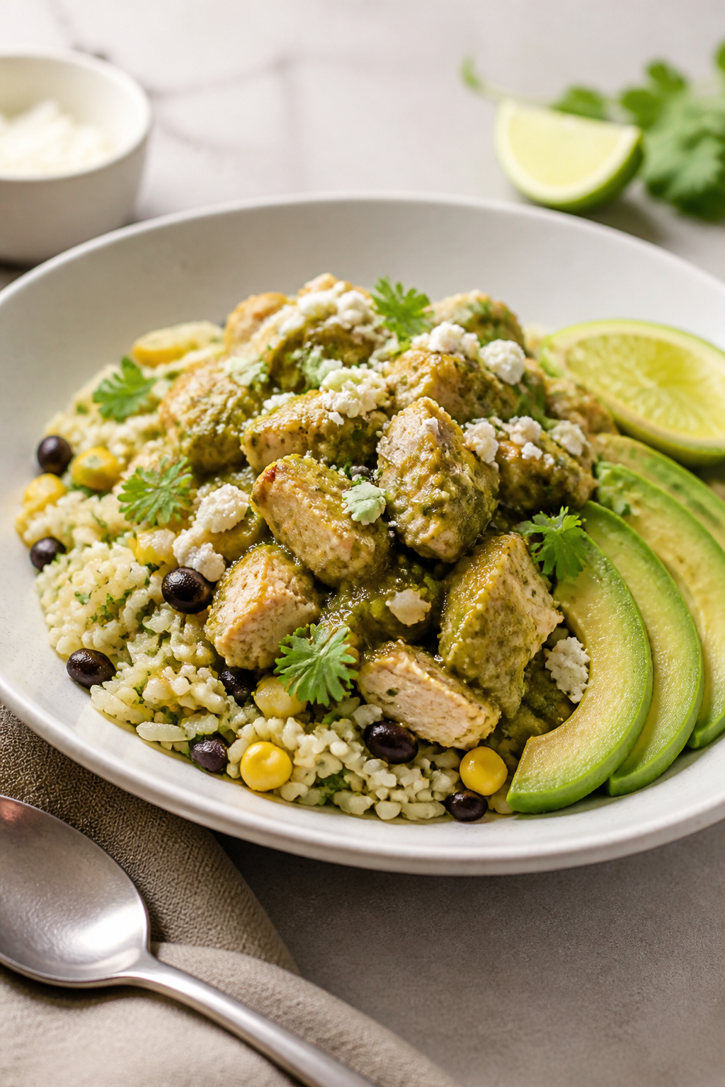 Final plated beauty shot: Restaurant-quality presentation of a single Salsa Verde Chicken Bowl on a 