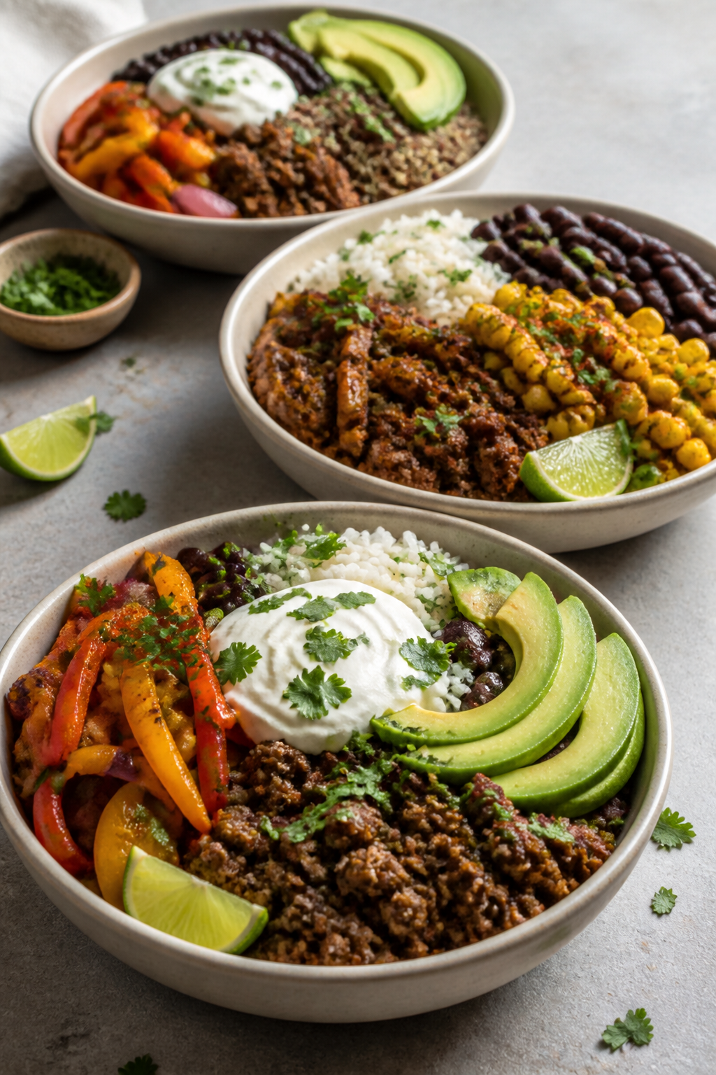 Final plated beauty shot: Three meal-prep style burrito bowls arranged diagonally on a neutral slab 