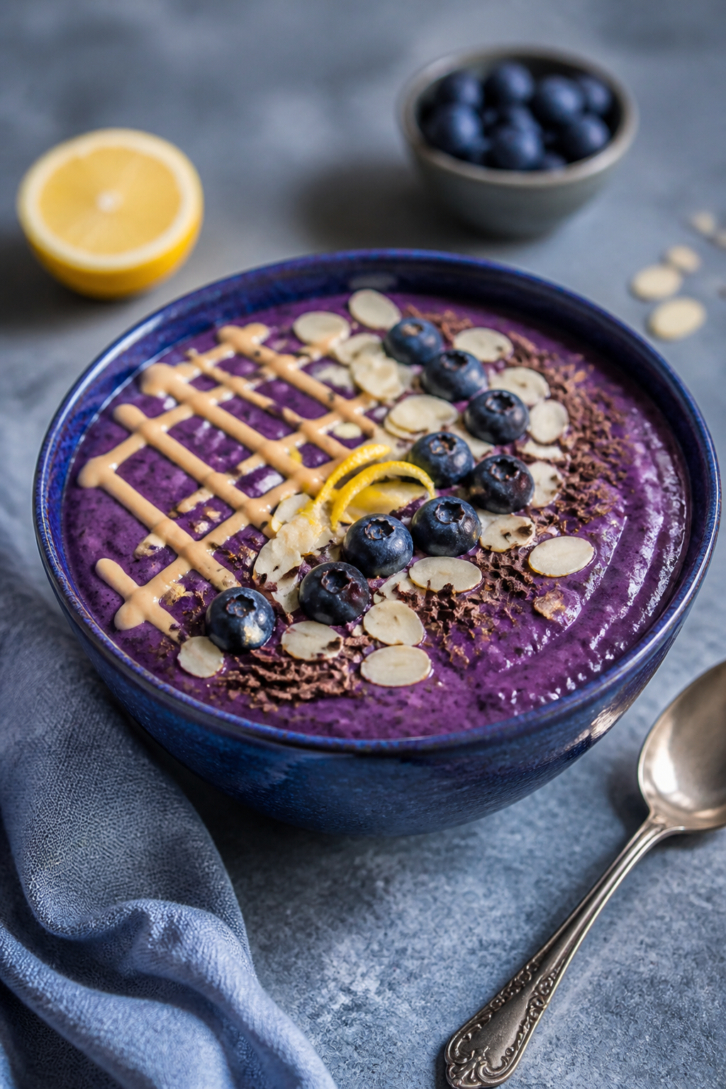 Final plated Blueberry Lemon High-Protein Cheesecake Smoothie Bowl, three-quarter angle: rich indigo