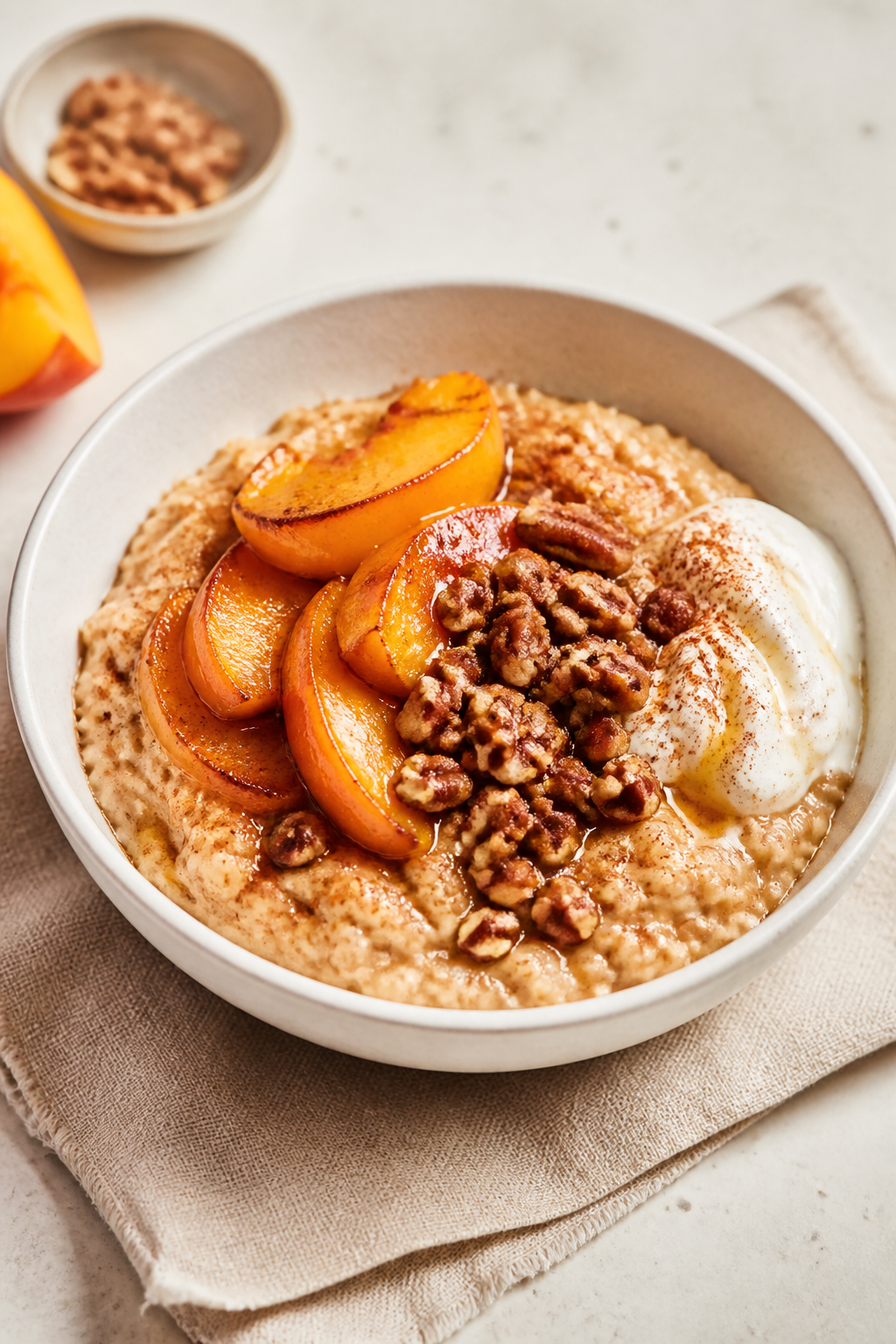 Final plated bowl beauty: Protein-packed peach cobbler oatmeal spooned into a matte white ceramic bo