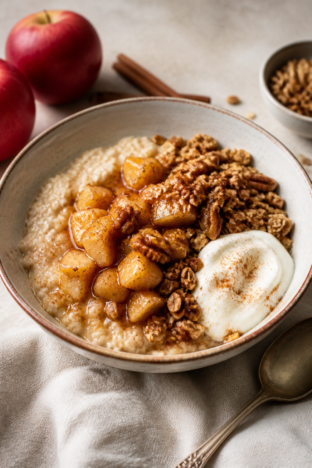 Final plated bowl beauty shot: Cinnamon Apple Crumble Protein Oatmeal served in a warm ceramic bowl,
