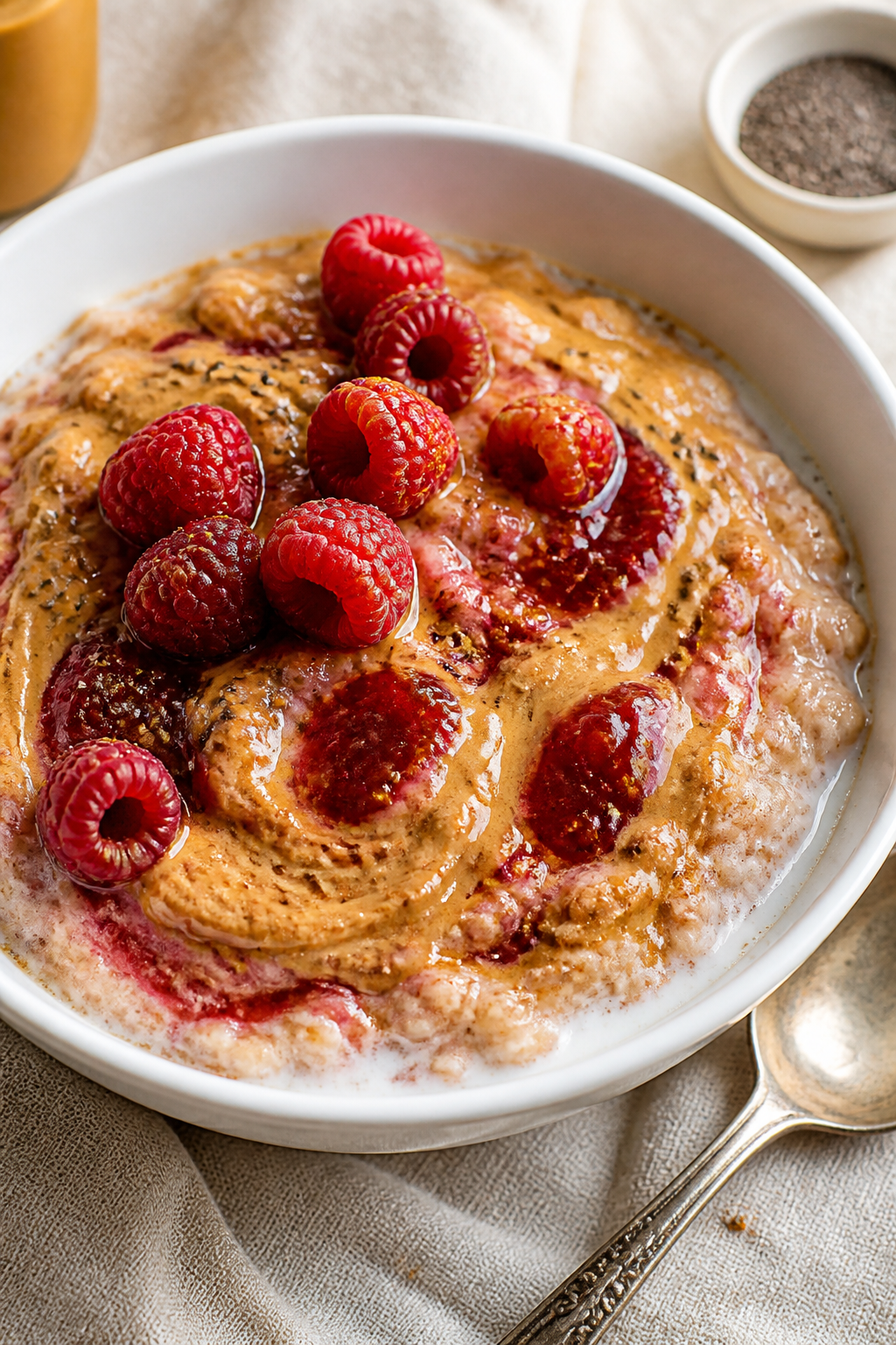 Final plated bowl beauty shot: Peanut Butter & Jelly Protein Oatmeal served in a matte white bowl, l