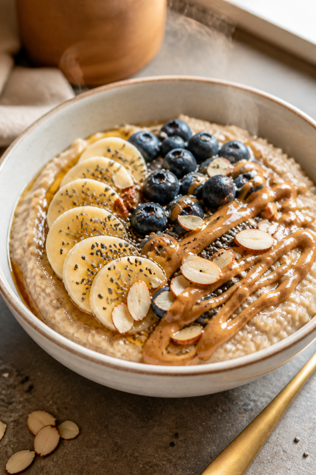 Final plated bowl hero shot: A cozy, cafe-style bowl of Vanilla Almond Protein Oatmeal finished to a