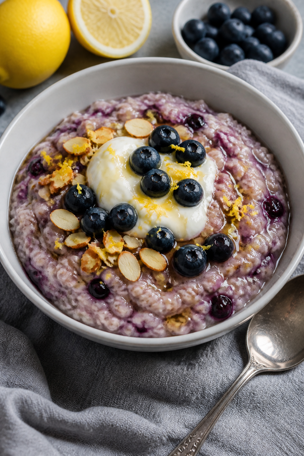 Final plated bowl: Lemon Blueberry Protein Oatmeal served in a matte white bowl, ultra-creamy textur
