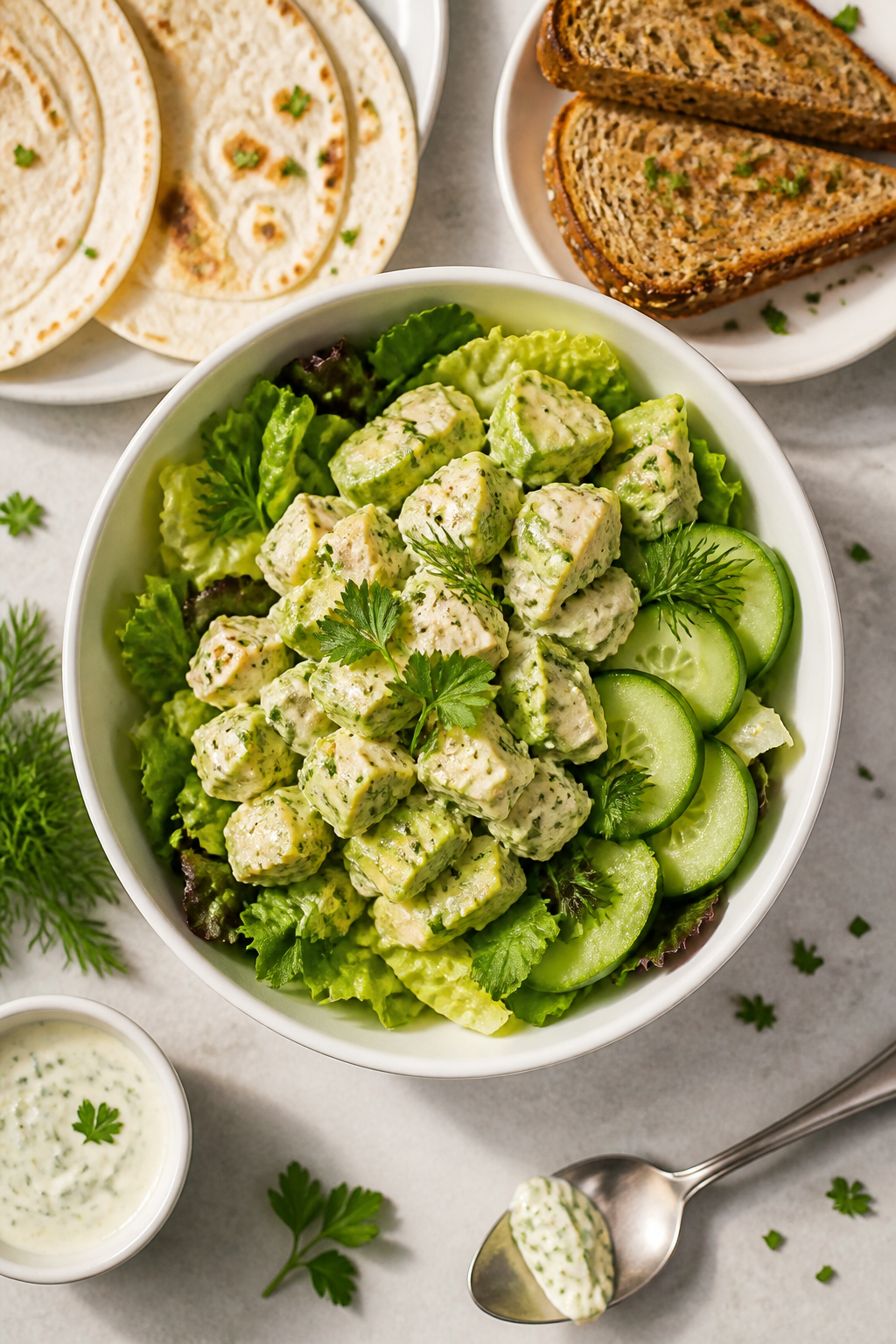 Final plated bowl + process vibe: A wide, overhead presentation of a build-your-own serving bowl—A