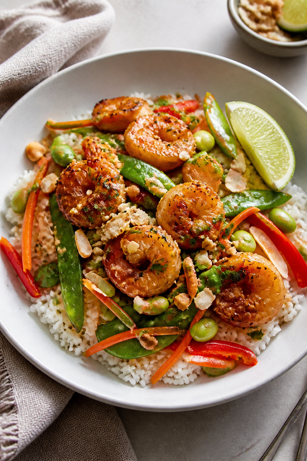 Final plated bowl — restaurant-quality presentation: Beautifully plated High Protein Coconut Shrim
