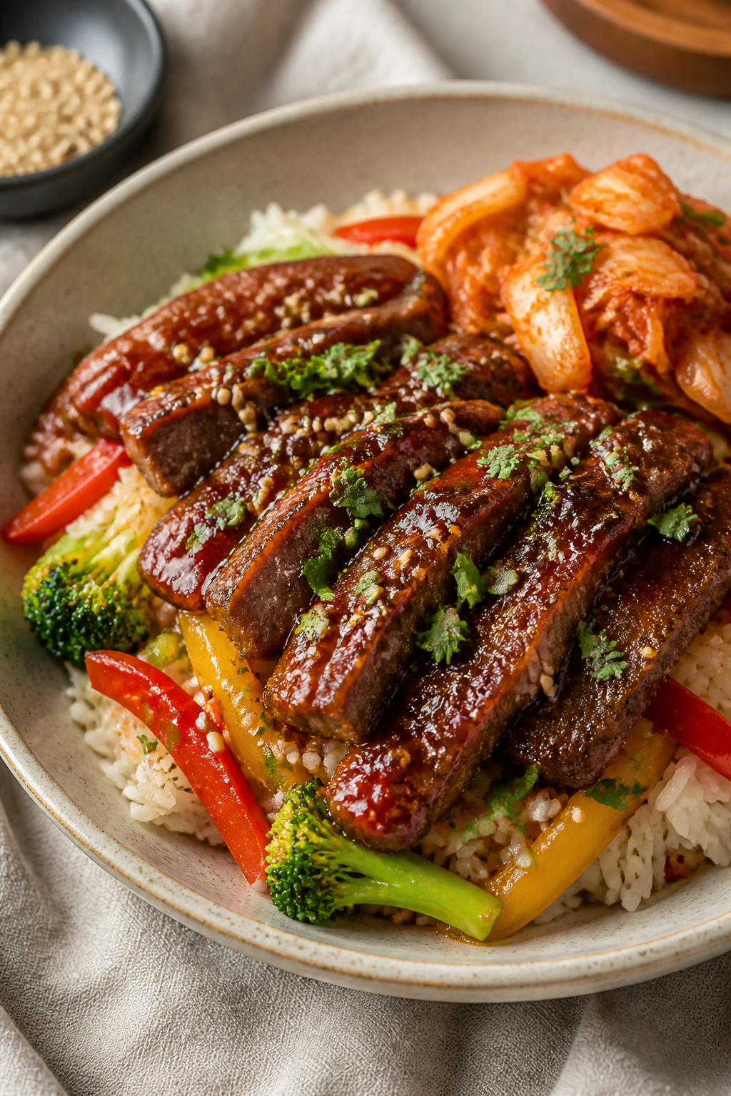 Final plated, close-up detail: Restaurant-quality presentation of Steak & Rice Bowl with Korean-insp