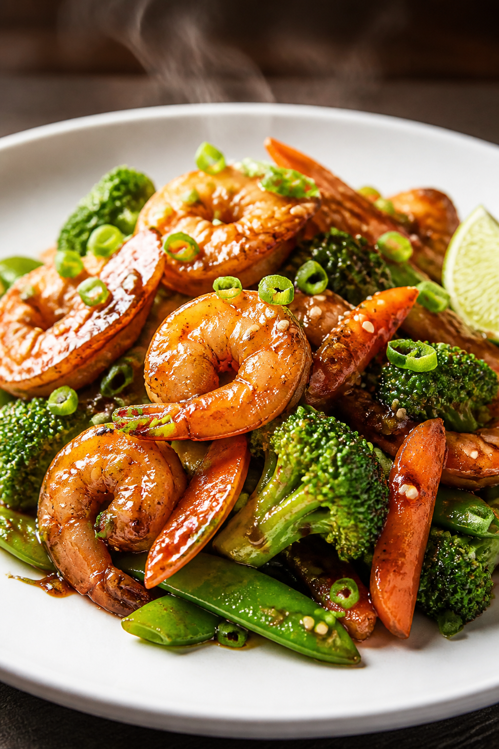 Final plated detail: Beautifully plated Shrimp Protein Stir Fry (no rice) mounded on a matte white p
