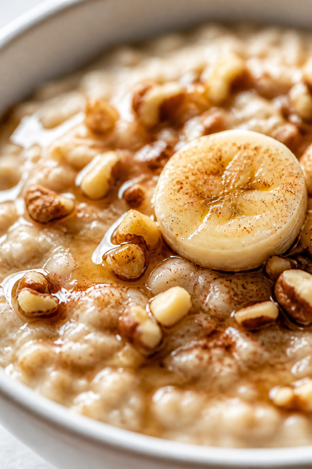 Final plated detail: Extreme close-up of the finished Banana Nut Protein Oatmeal showing luscious, s