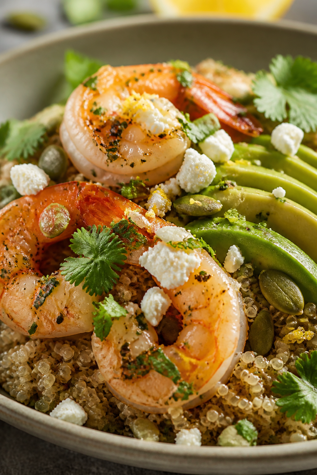 Final plated detail: Macro close-up of a single bowl bite zone—juicy shrimp atop quinoa with visib