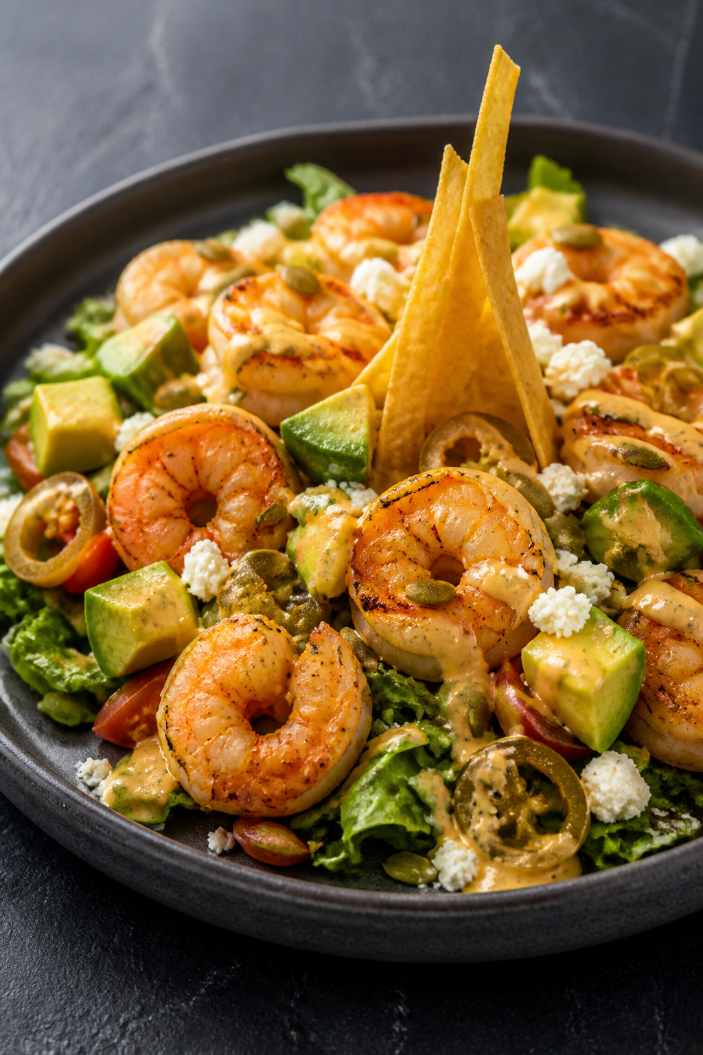 Final plated detail: Restaurant-quality close-up of a single-serving plate of Spicy Shrimp Taco Sala