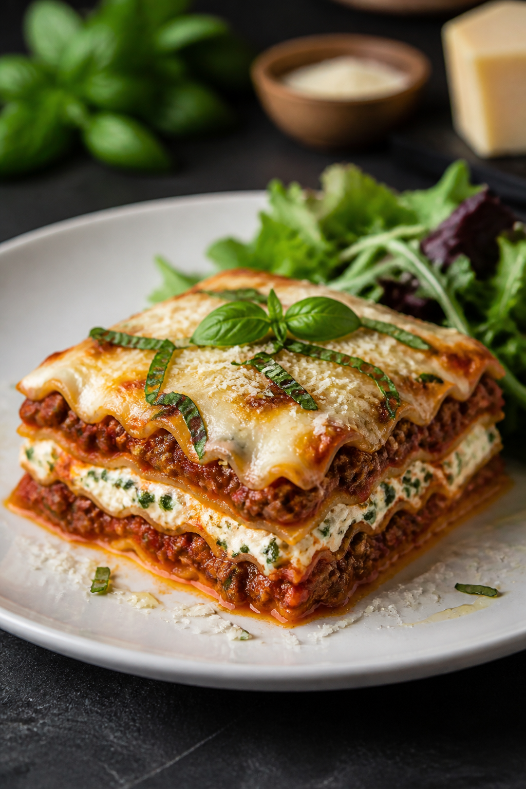 Final plated dish: A tidy square slice of Cottage Cheese Lasagna Bake served on a matte white plate,