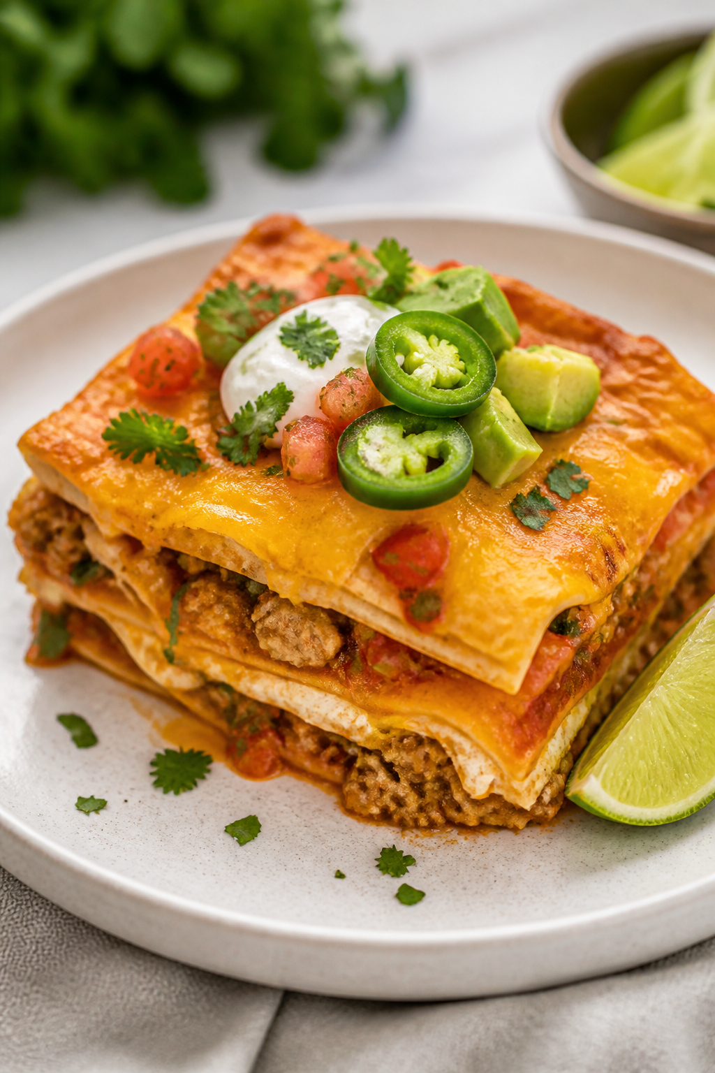 Final plated dish, beauty close-up: Beautifully plated square of Easy Ground Turkey Taco Bake on a m