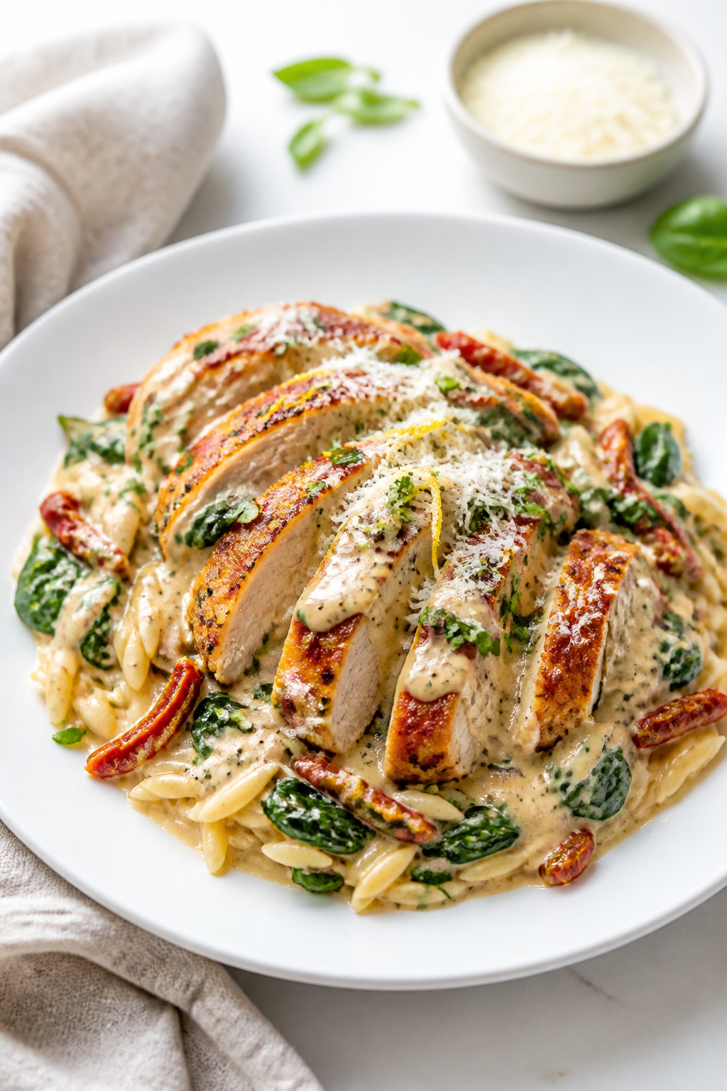 Final plated dish beauty: Creamy Tuscan Chicken elegantly plated over al dente orzo on a wide white 