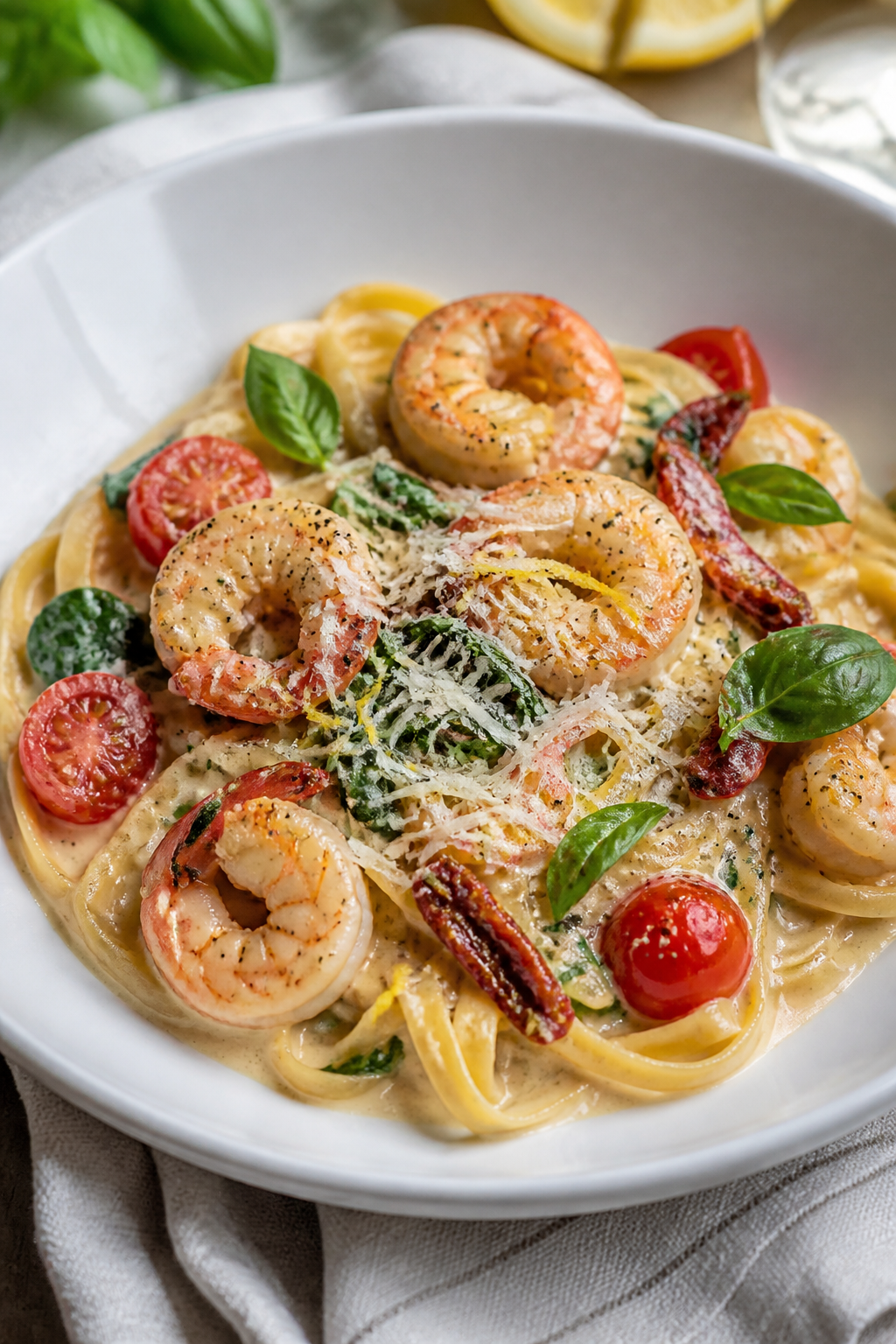 Final plated dish beauty: Creamy Tuscan Shrimp elegantly plated over al dente fettuccine on a wide w