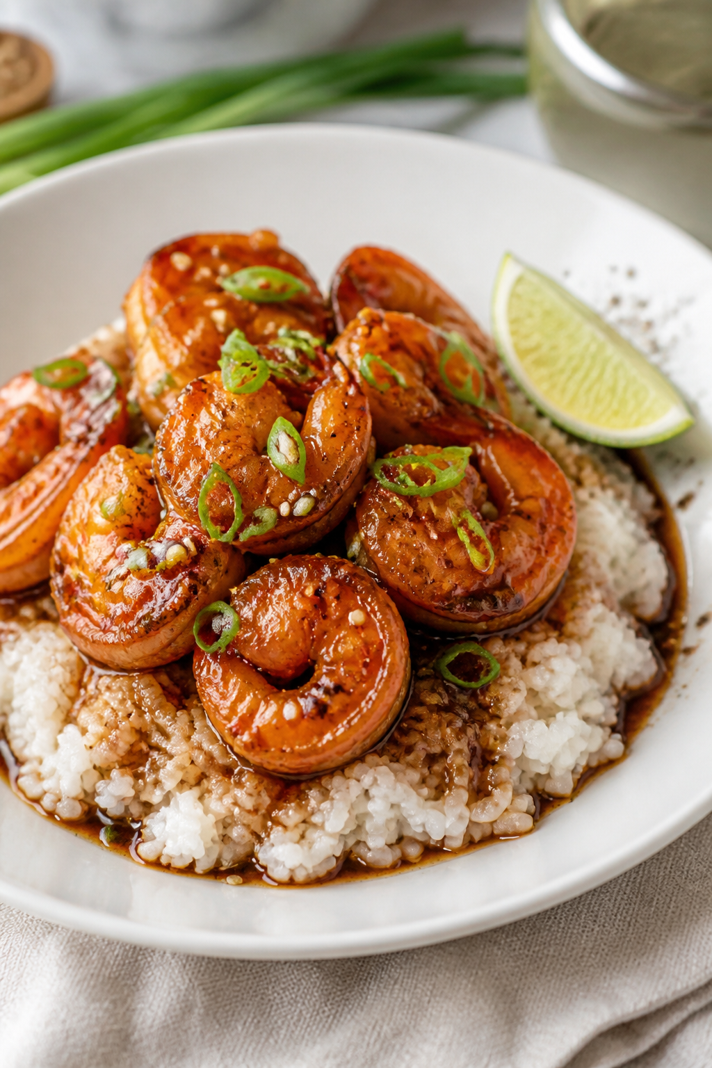 Final plated dish beauty: Melt In Your Mouth Honey Garlic Shrimp piled over fluffy jasmine rice in a