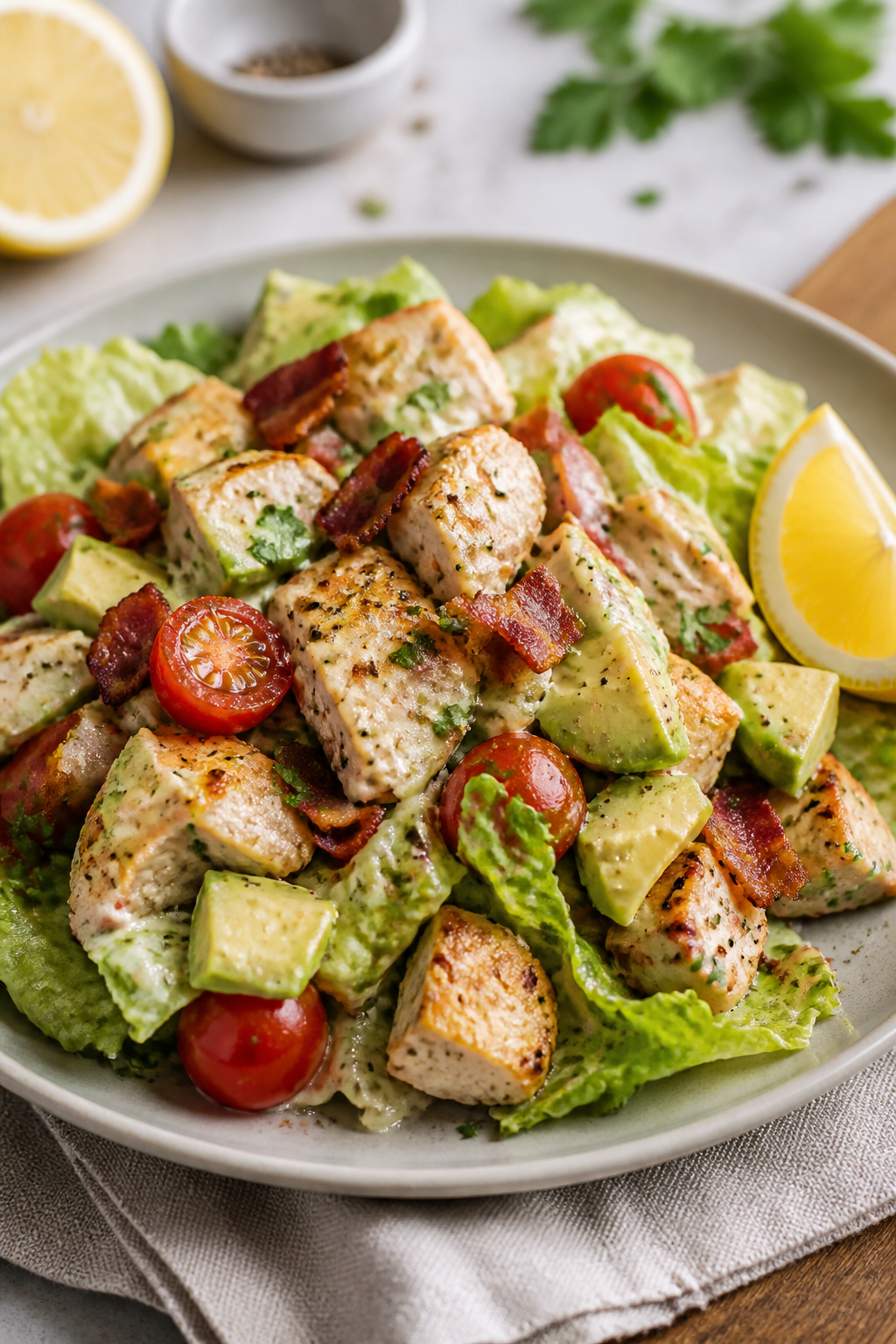 Final plated dish, beauty shot: Beautifully plated Healthy Chicken Bacon Avocado Salad, gently tosse