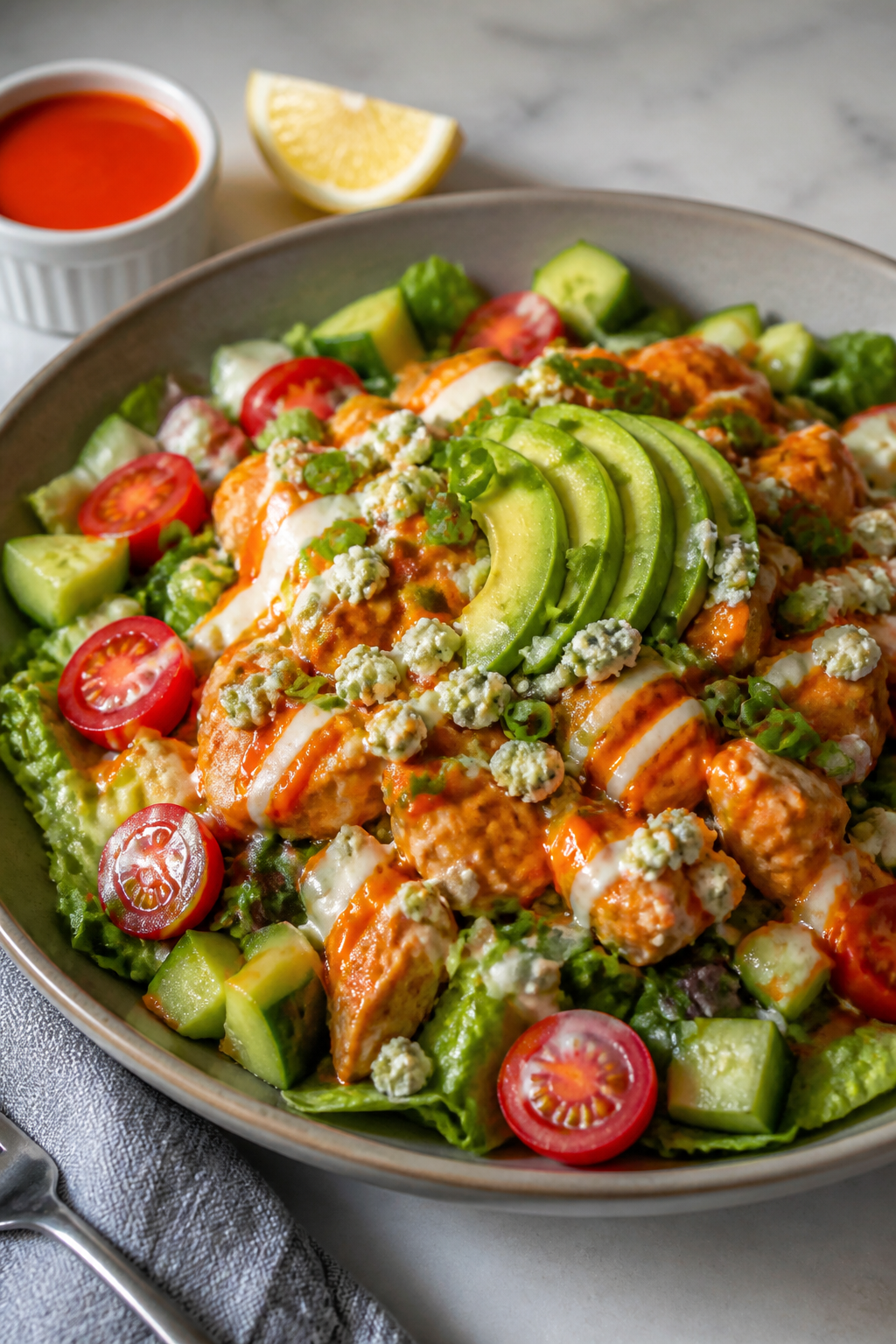 Final plated dish beauty shot: Buffalo Chicken Protein Salad mounded over lightly dressed chopped ro