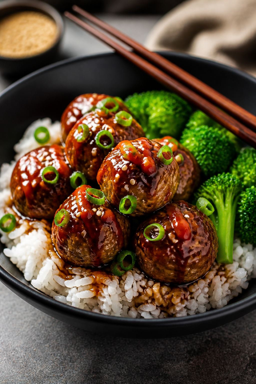 Final plated dish beauty shot: Juicy high-protein teriyaki meatballs served over fluffy white rice i