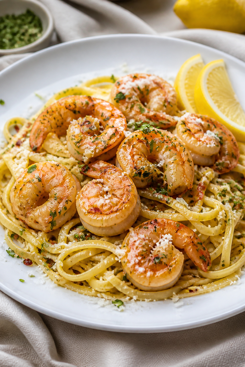 Final plated dish beauty shot: Melt In Your Mouth Lemon Garlic Shrimp twirled over al dente linguine