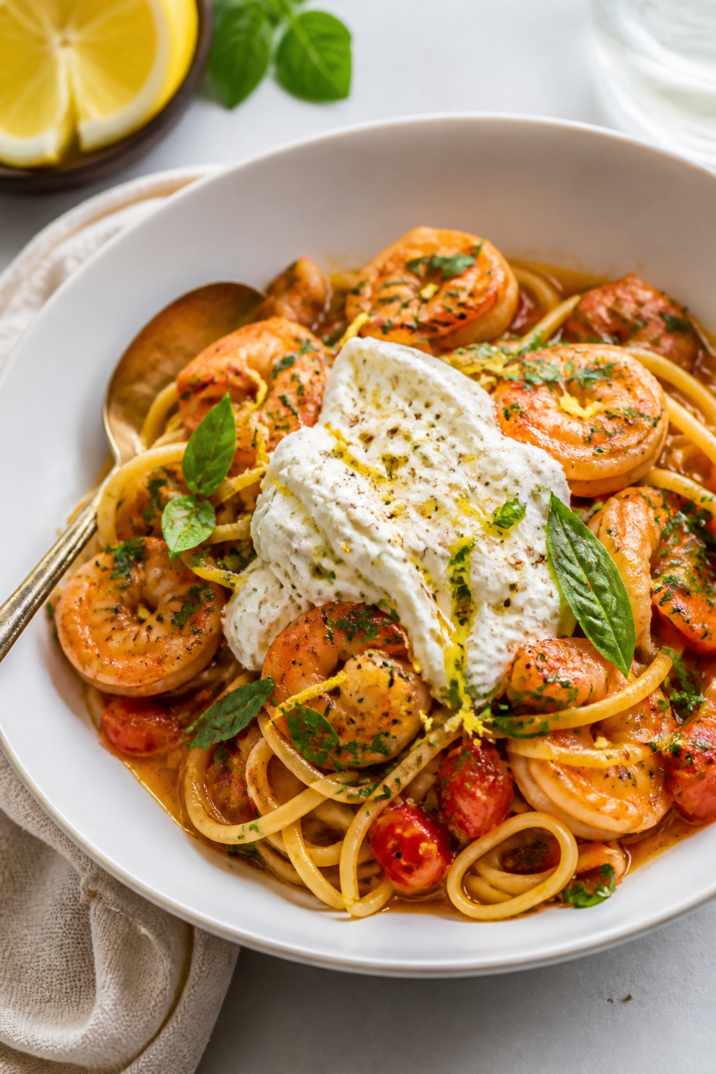 Final plated dish — Burrata finish: Beautifully plated High Protein Shrimp Burrata Pasta in a wide