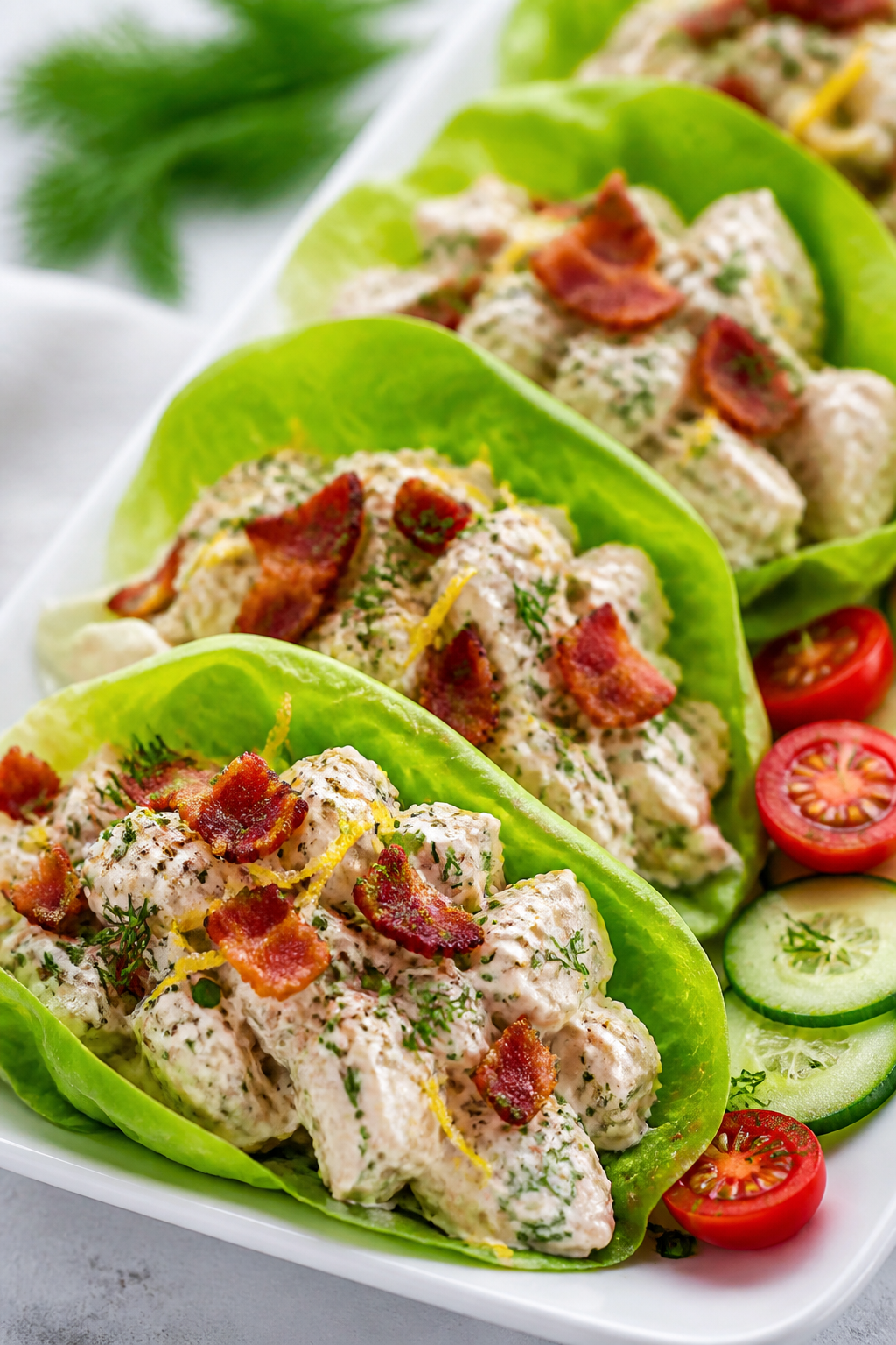 Final plated dish, : Greek Yogurt Chicken Bacon Salad scooped into crisp butter lettuce cups on a wi