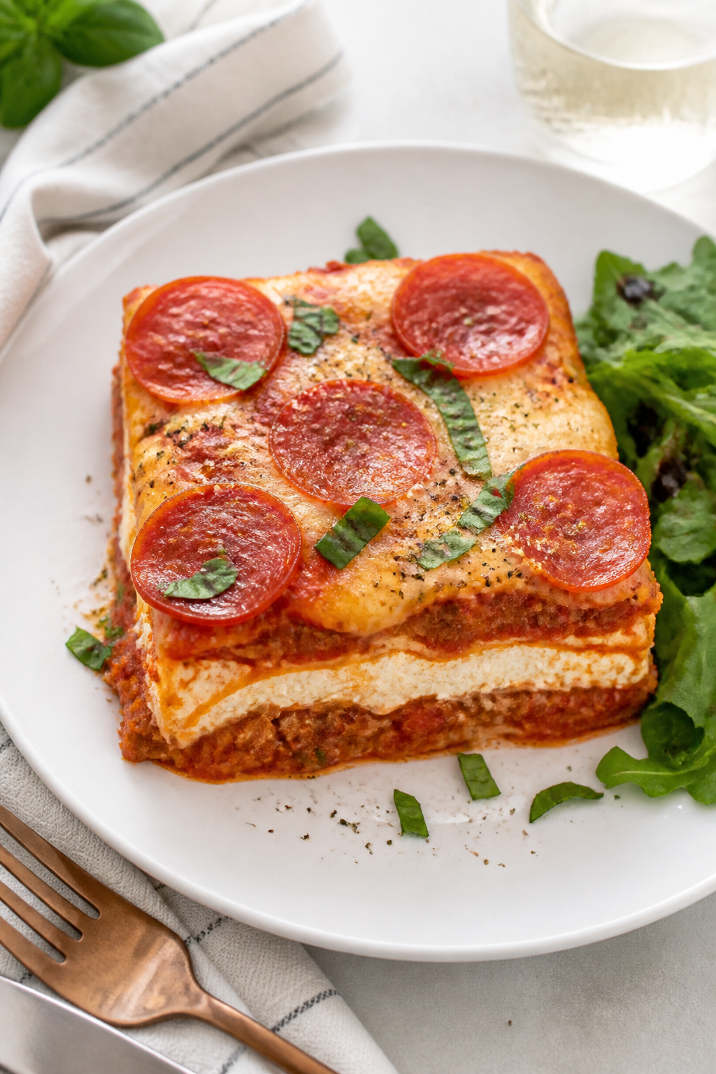 Final plated dish, overhead: Neat square slice of High Protein Pizza Casserole on a white stoneware 