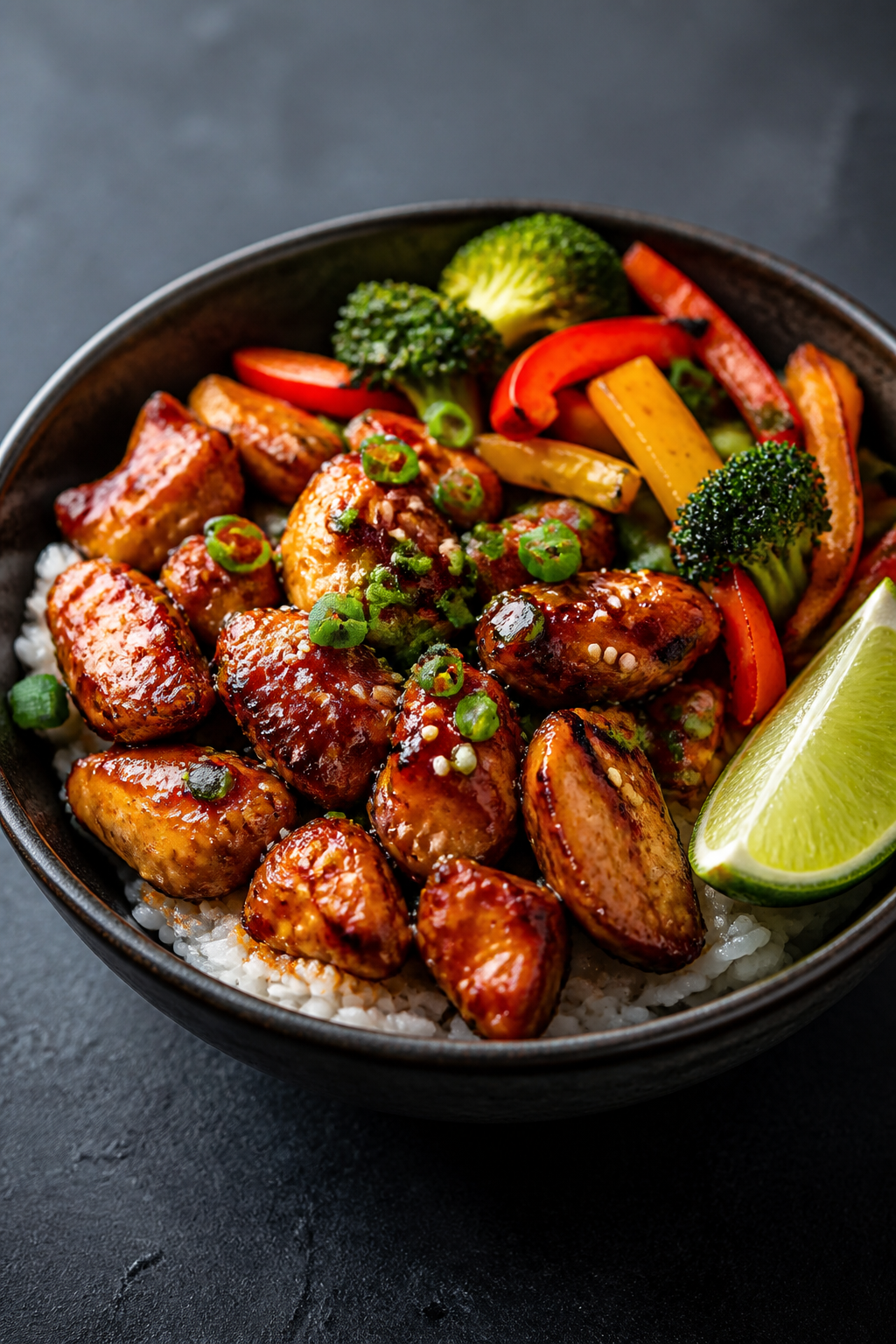 Final plated dish presentation: Restaurant-quality bowl of honey garlic chicken served over warm jas