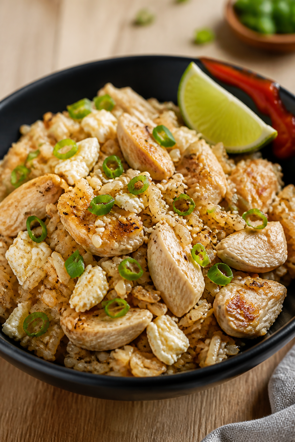 Final plated dish, restaurant-quality: Beautifully plated bowl of chicken fried rice with extra-lean