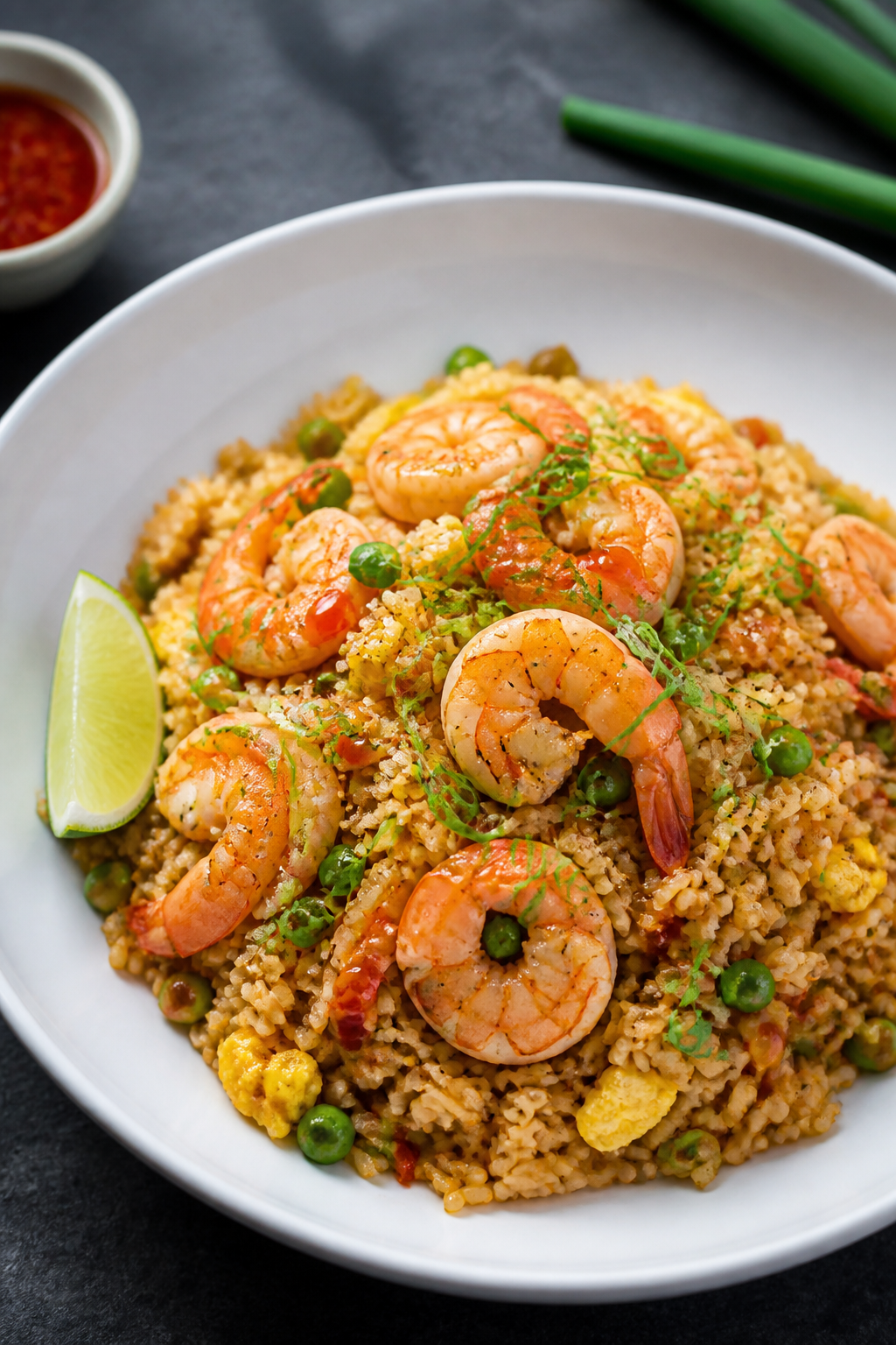 Final plated dish: Restaurant-quality bowl of shrimp fried rice plated neatly in a wide white bowl, 