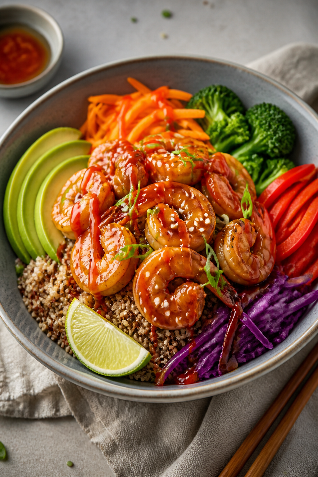 Final plated dish: Restaurant-quality bowl of shrimp teriyaki over quinoa, beautifully arranged with