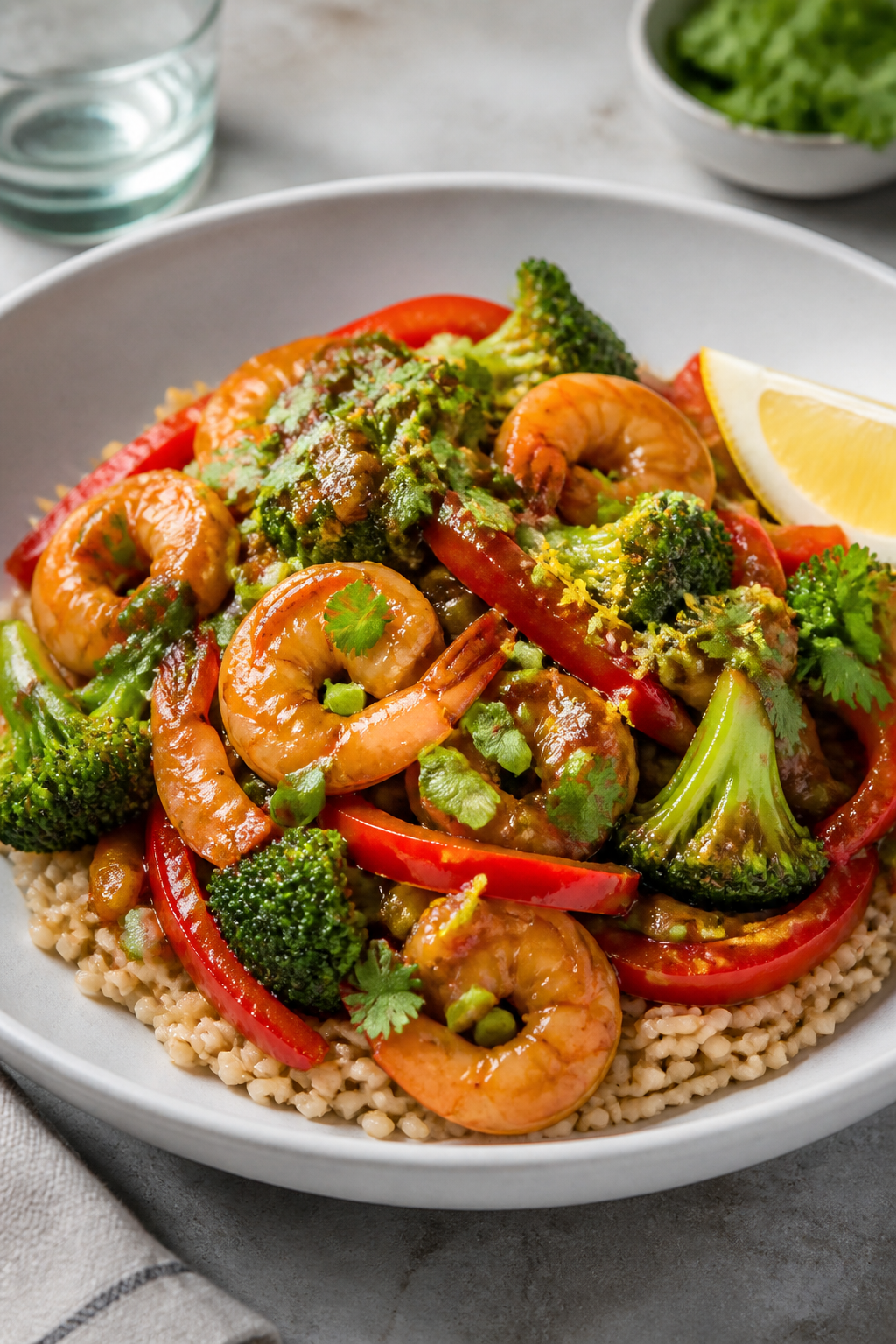 Final plated dish, restaurant-quality: One-Pan Shrimp & Broccoli neatly plated over fluffy brown ric